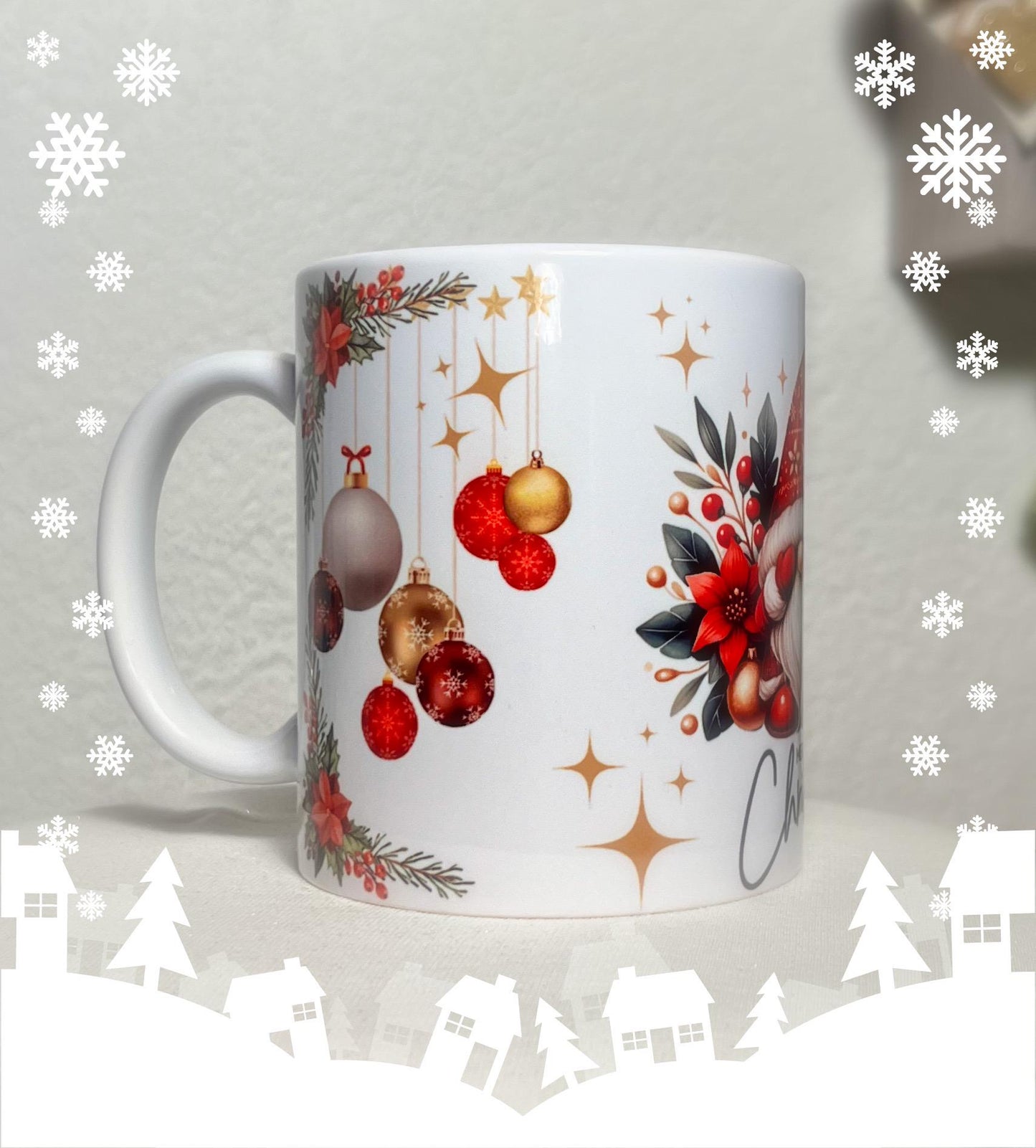 Mug de Noël, Gnome Rouge et Boules de Noël, Idée Cadeau Originale, Tasse de noël, Noël 2024, "Merry Christmas" mug, Cadeau de noël original