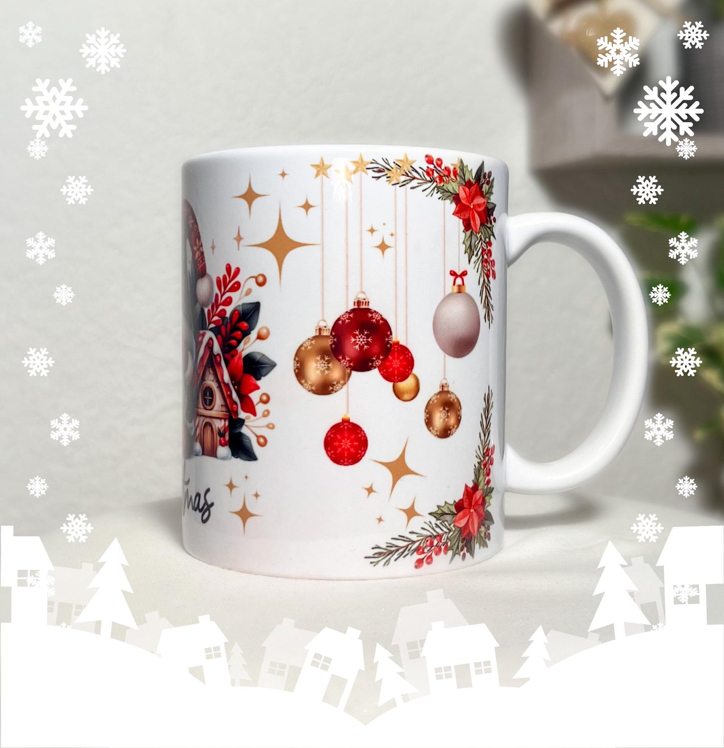 Mug de Noël, Gnome Rouge et Boules de Noël, Idée Cadeau Originale, Tasse de noël, Noël 2024, "Merry Christmas" mug, Cadeau de noël original