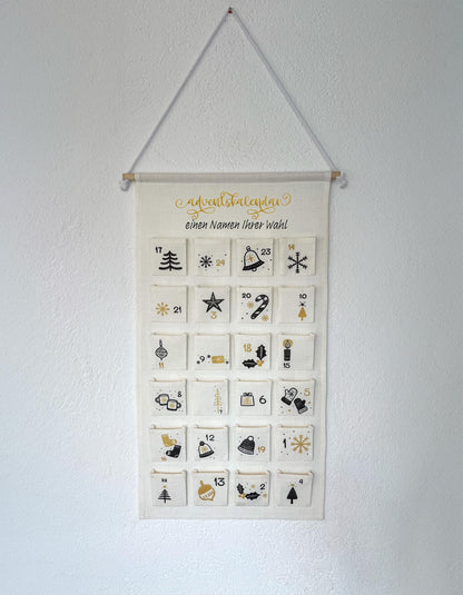 Calendrier de l'avent personnalisé en toile, réutilisable, Noël noir et jaune doré, fait main, personnalisable, calendrier mural