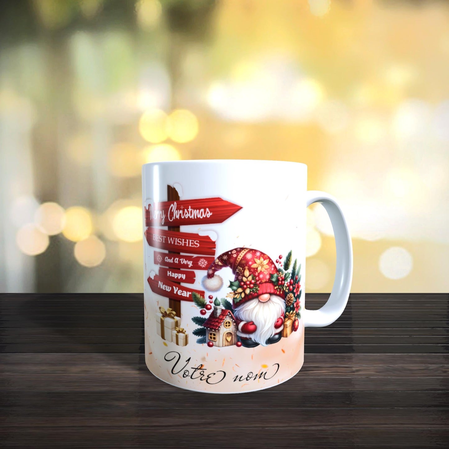 Mug de Noël personnalisé, Choix du prénom, Gnome festif et panneau de direction vers de joyeuses Fêtes, Idée Cadeau Original, Tasse de Noël