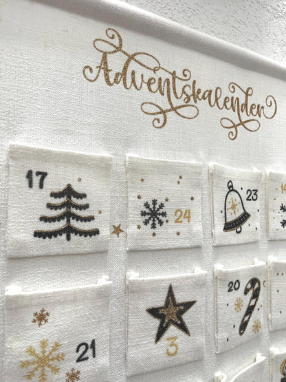 Calendrier de l'avent personnalisé en toile, réutilisable, Noël noir et doré, fait main, personnalisable, noël des enfants, calendrier mural