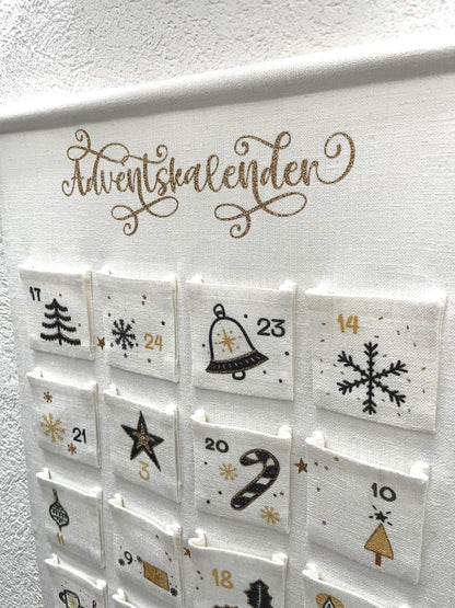 Calendrier de l'avent personnalisé en toile, réutilisable, Noël noir et doré, fait main, personnalisable, noël des enfants, calendrier mural