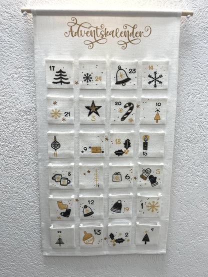 Calendrier de l'avent personnalisé en toile, réutilisable, Noël noir et doré, fait main, personnalisable, noël des enfants, calendrier mural