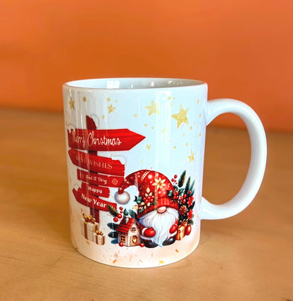 Mug de Noël, Gnome de Noël avec panneau de direction vers de joyeuses Fêtes, Étoiles, Idée Cadeau Original, Tasse de Noël, Cadeau Original