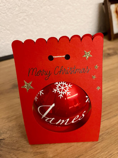 Boule de Noël Rouge Personnalisée en Verre ,Prénom et Décors Flocons de Neige ,Cadeau Unique avec Emballage Fait Main