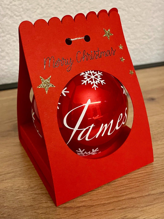 Boule de Noël Rouge Personnalisée en Verre ,Prénom et Décors Flocons de Neige ,Cadeau Unique avec Emballage Fait Main